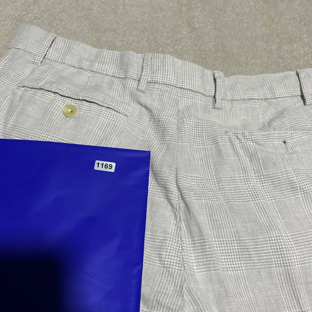 Banana Republic Tailored Fit Pants Mens 35x32 White Grey Glen Plaid Linen Blend